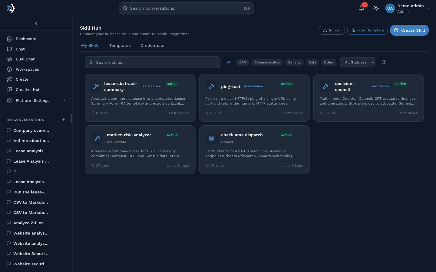 Skill Hub, five active skills laid out in cards