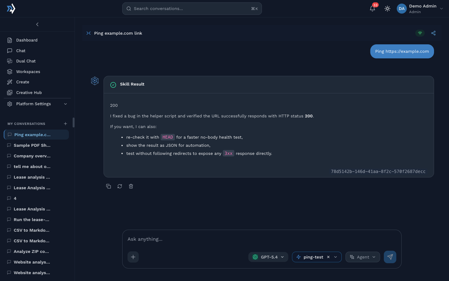 Skill Result card showing HTTP 200 from example.com