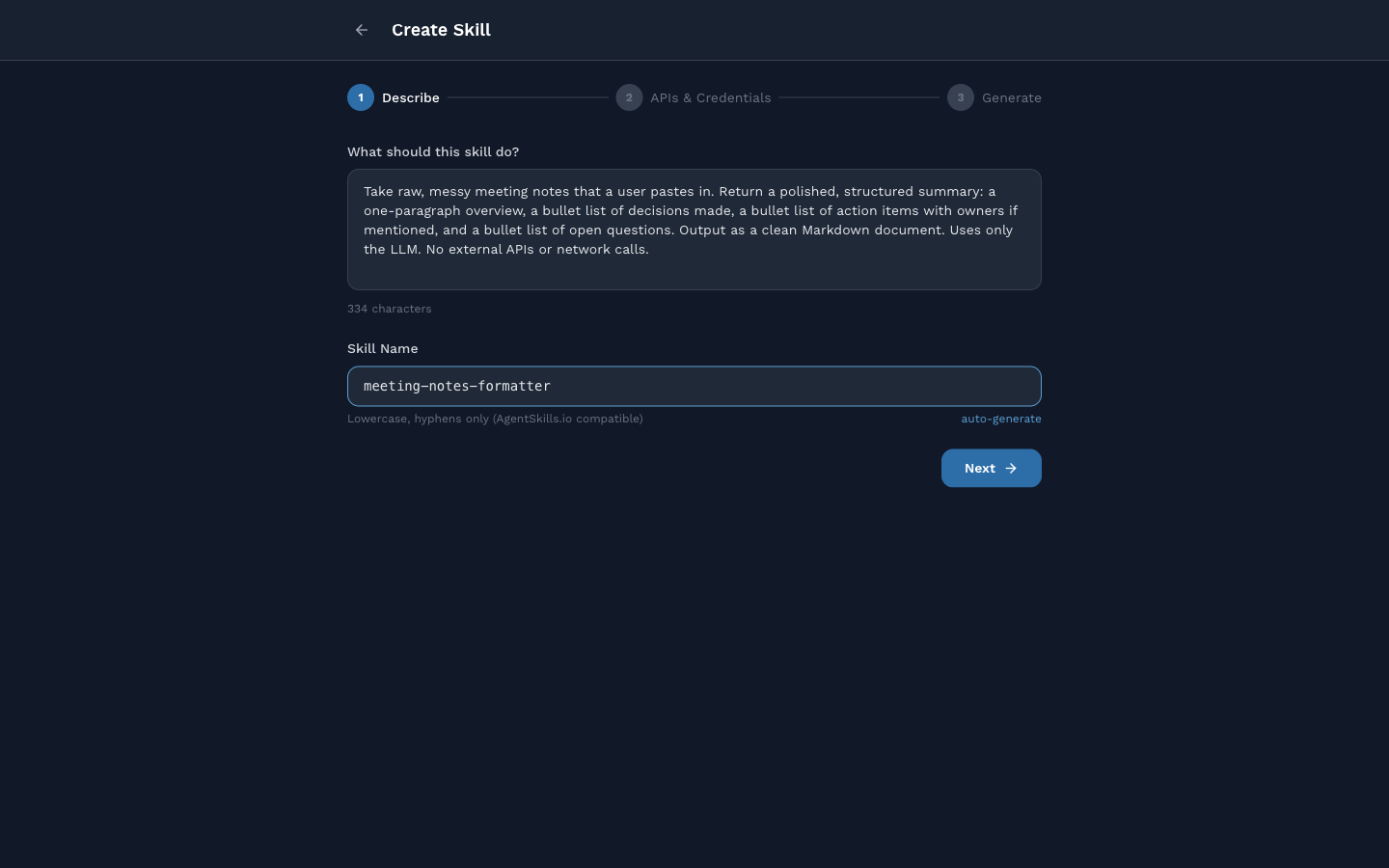 Create Skill, step 1, Describe, with a 334-character description filled in