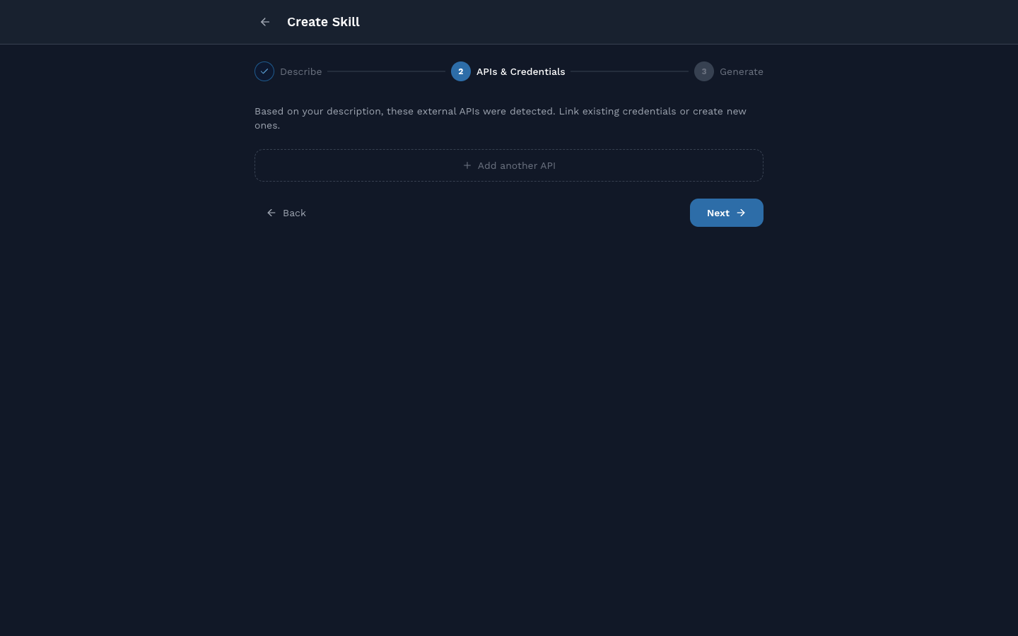 Create Skill, step 2, APIs and Credentials, no external APIs detected