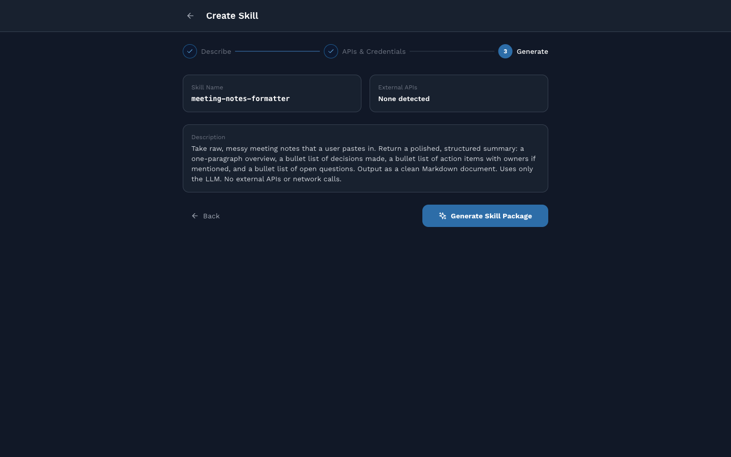 Create Skill, step 3, Generate, confirmation summary with Generate Skill Package button
