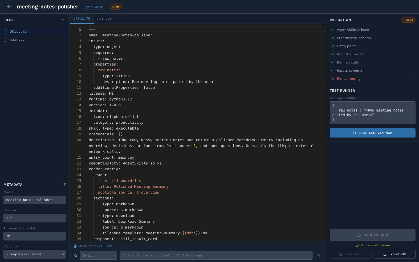 Skill Studio, meeting-notes-polisher loaded, SKILL.md open, validation pane on the right
