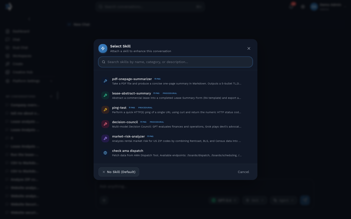 Chat Skill picker modal with six skills listed